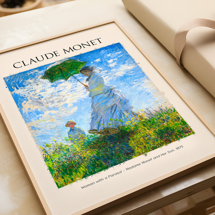 Monet art print 'Woman with a Parasol - Madame Monet and Her Son' showcasing Impressionist style and vibrant colors.
