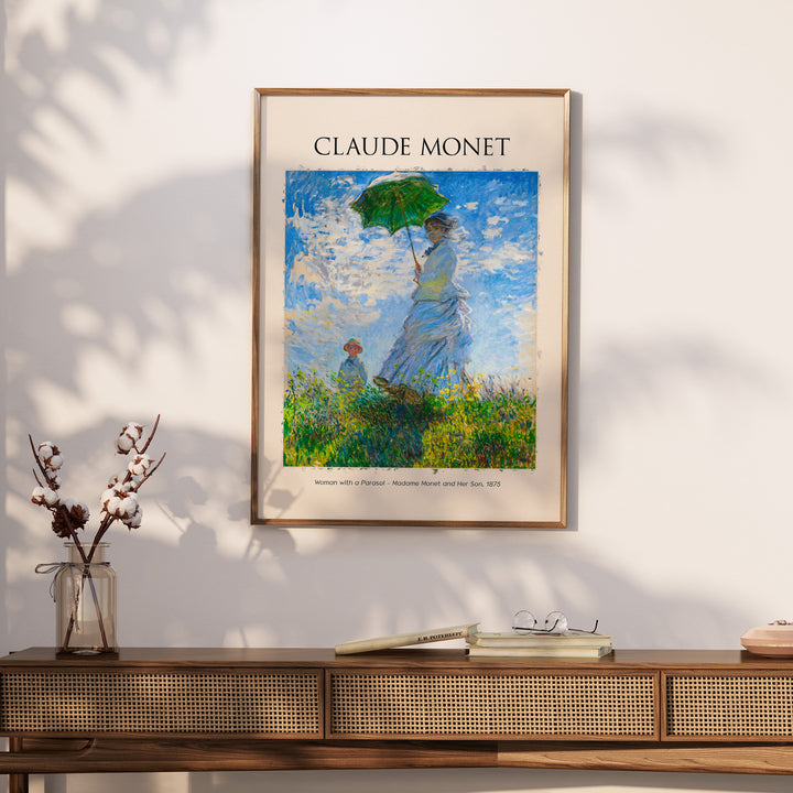 Monet art print 'Woman with a Parasol', depicting Camille Monet and Jean in a vibrant field.