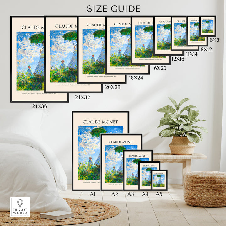 Size guide for Claude Monet art prints, showcasing various frame sizes with 'Woman with a Parasol' design.