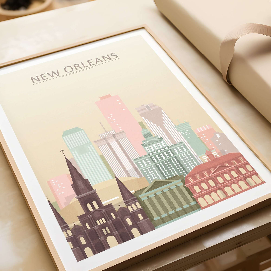 New Orleans city skyline print in pastel colors, framed wall art poster featuring iconic buildings.