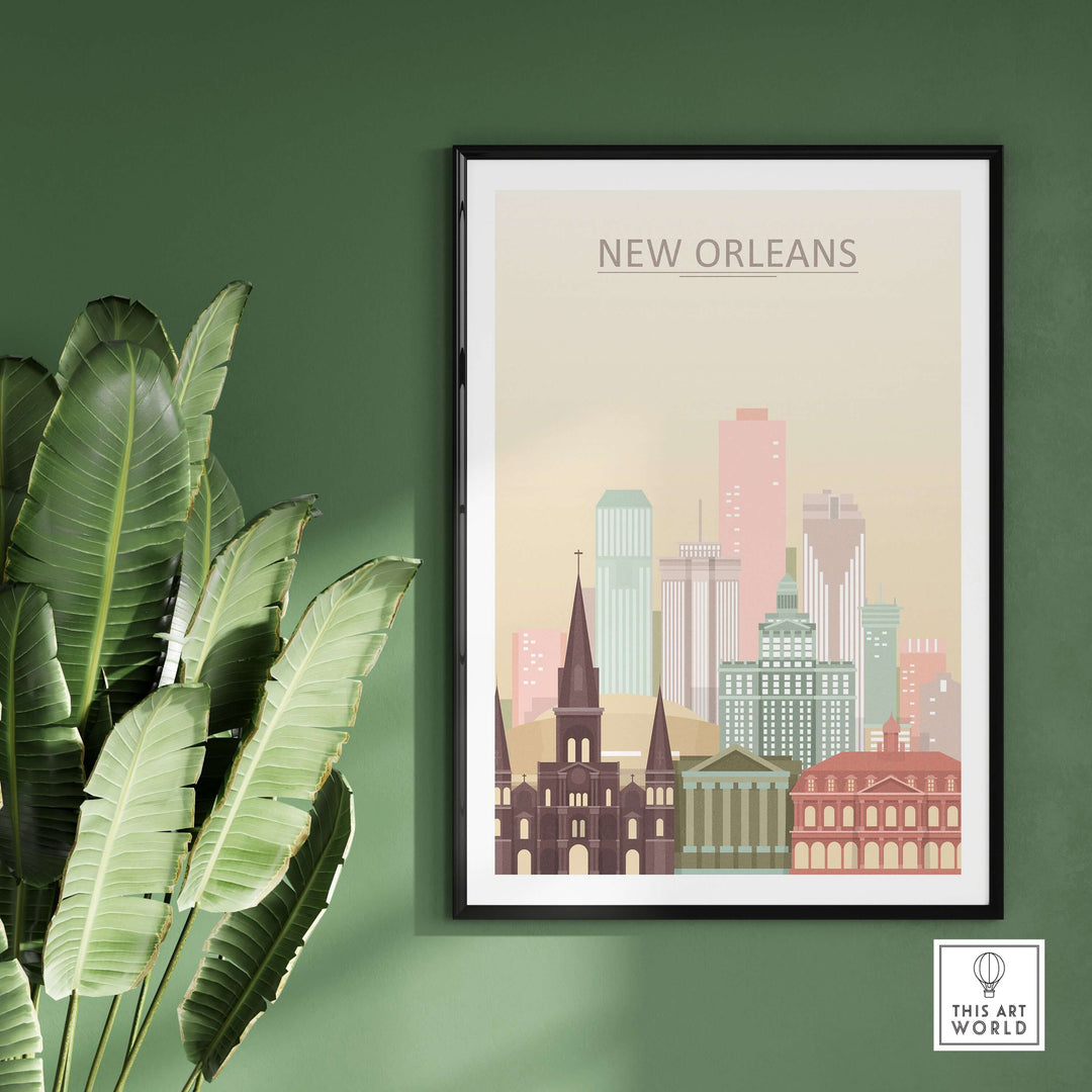 New Orleans city skyline wall art poster featuring pastel colors, enhancing home decor with Big Easy charm.