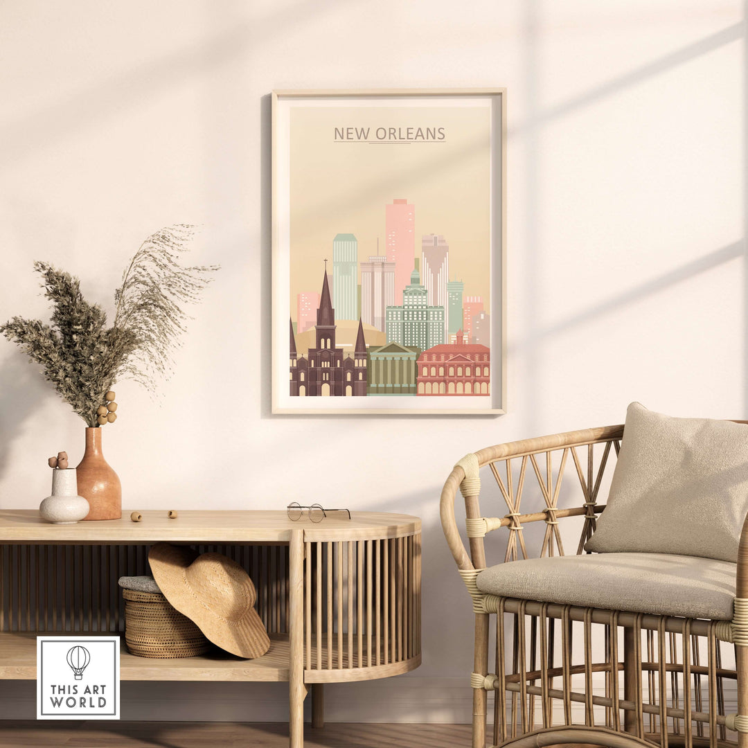 New Orleans City Skyline Print featuring pastel colors, framed wall art in a stylish living room setting.