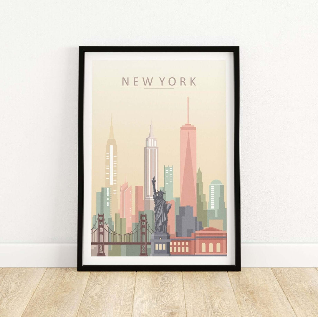 New York City Skyline wall art poster in pink and beige showing the iconic landmarks of New York City including the statue of Liberty and Empire State Building. The artwork design has a white border surround and is in a black frame on a natural wood floor. 