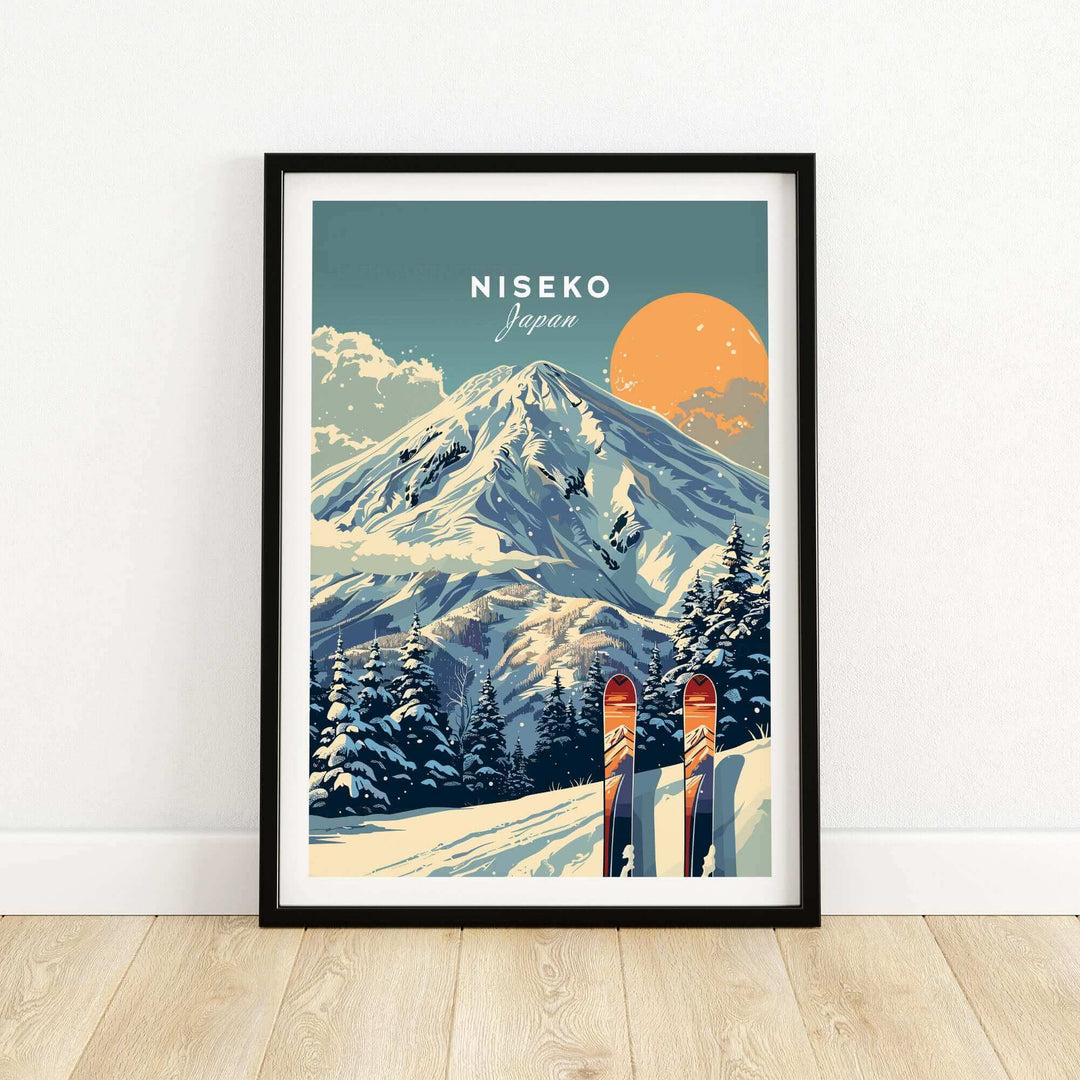 Niseko ski wall art print featuring snowy mountain landscape with skis, perfect for home decor and skiing enthusiasts.