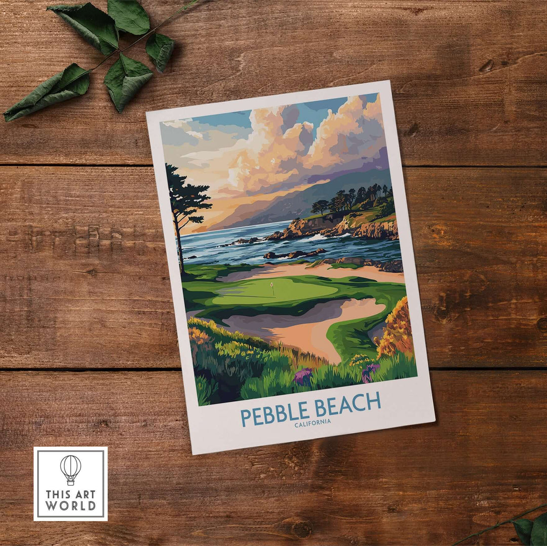 Pebble Beach California poster featuring vibrant coastal cliffs and pristine golf greens on a wooden background.