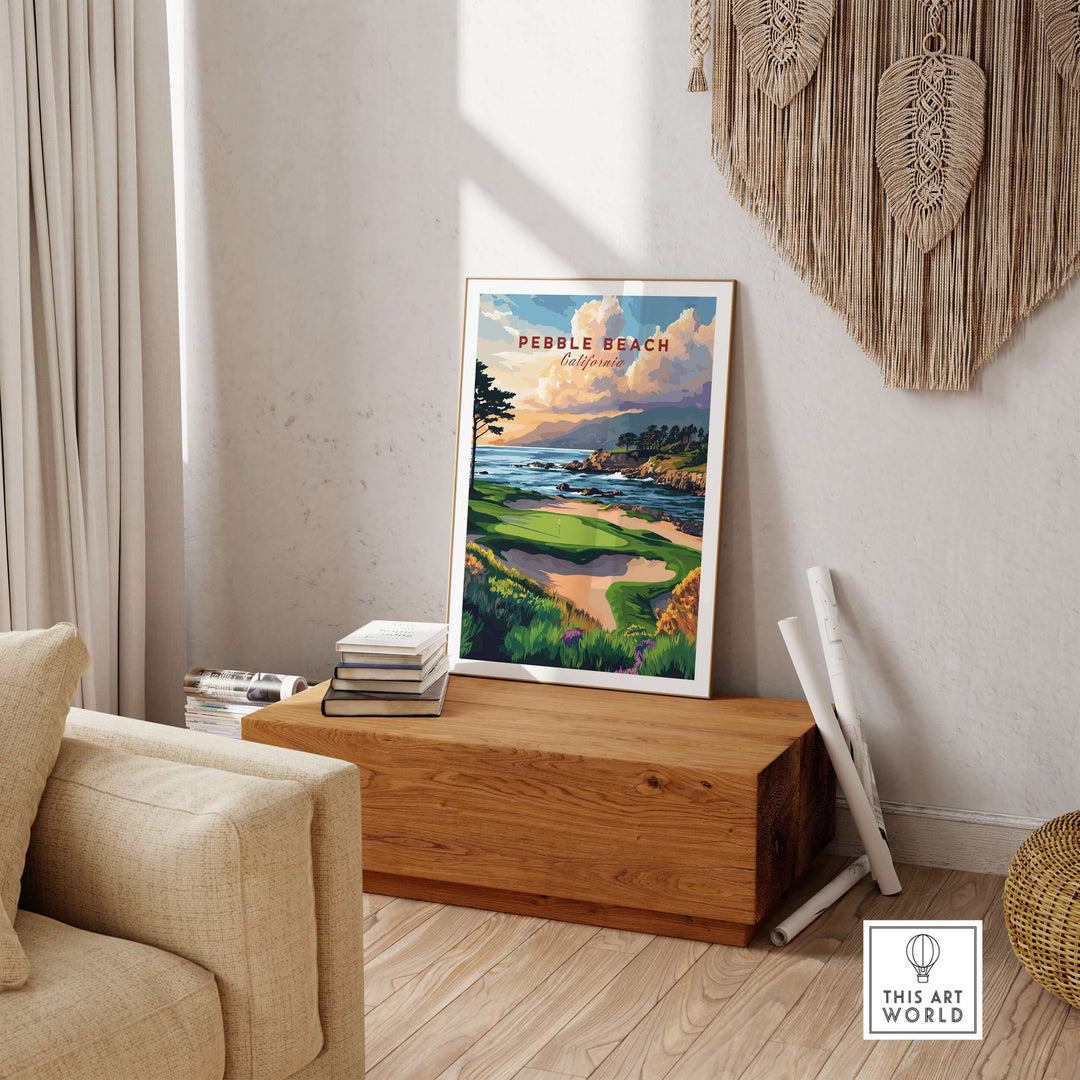 Pebble Beach Golf Links poster displayed in a stylish living room, showcasing California's coastal golf beauty.