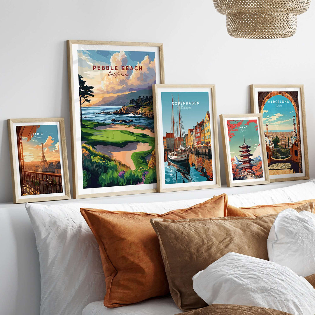 Pebble Beach Golf Links poster displayed with coastal city art on a modern wall, enhancing interior decor.