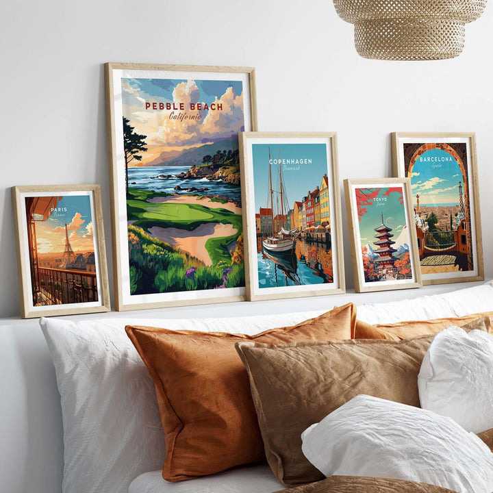 Pebble Beach Golf Links poster displayed with coastal city art on a modern wall, enhancing interior decor.