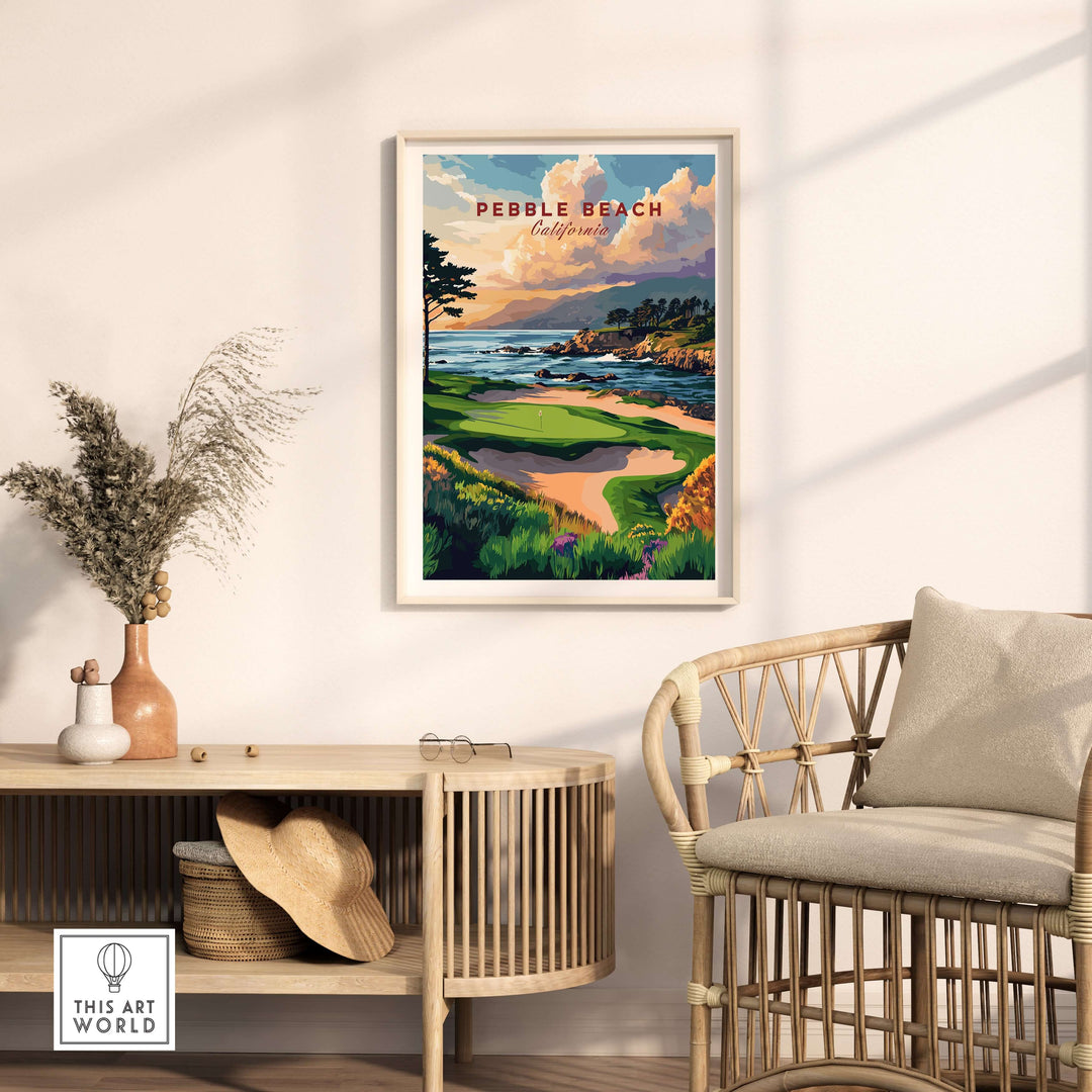 Pebble Beach Golf Links poster framed on wall next to a stylish chair, showcasing coastal golf course artwork.