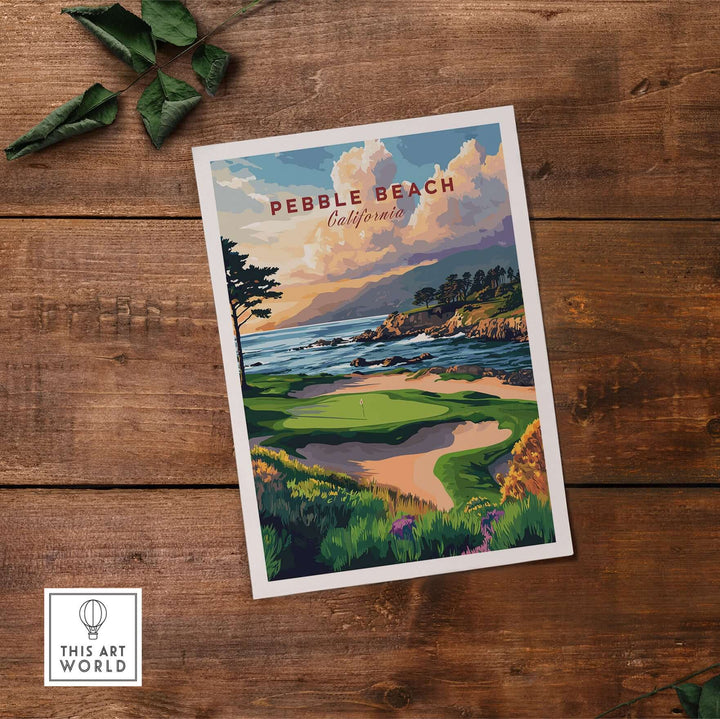Pebble Beach Golf Links poster, vibrant California coastal golf course wall art on wooden background.
