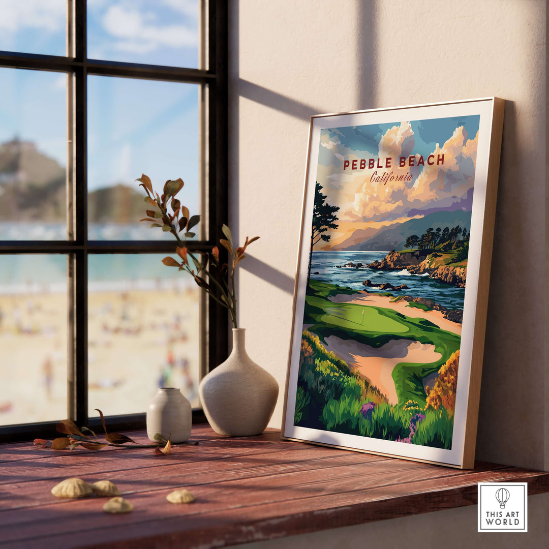 Pebble Beach Golf Links wall art poster showcasing coastal beauty and iconic golf course in California.