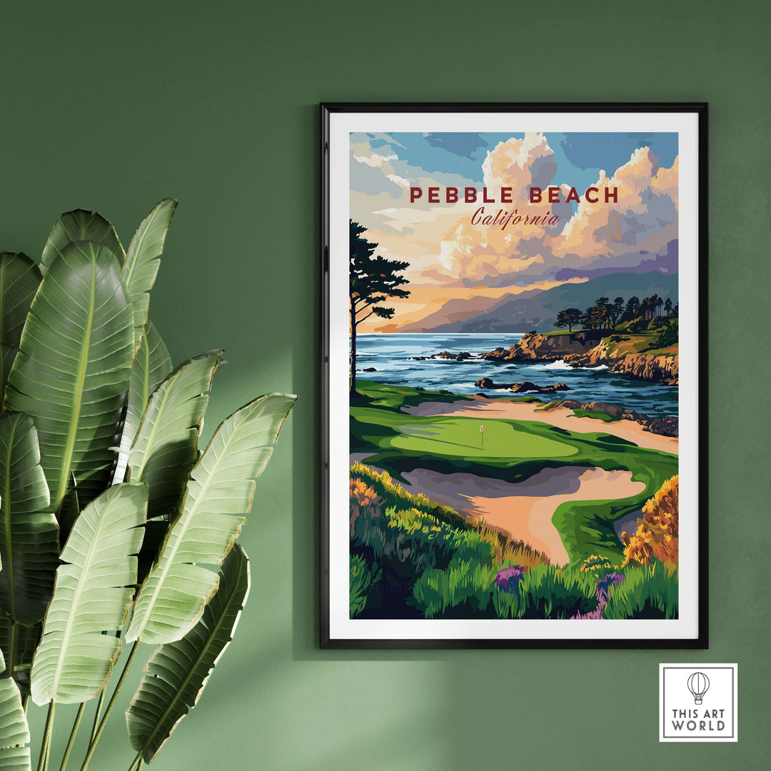 Pebble Beach Golf Links poster featuring coastal beauty and dramatic cliffs in California wall art.