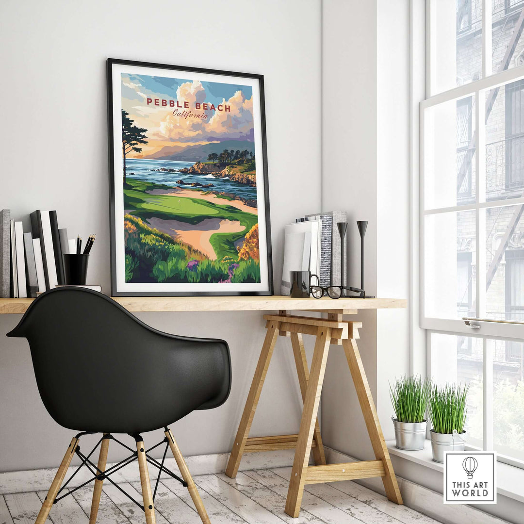 Pebble Beach Golf Links poster displayed in a modern office, showcasing vibrant coastal golf course artwork.
