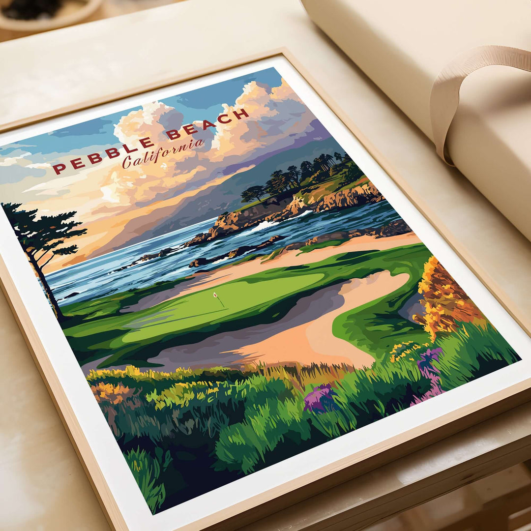 Pebble Beach Golf Links poster showcasing the California coastal golf course with dramatic cliffs and vibrant colors.