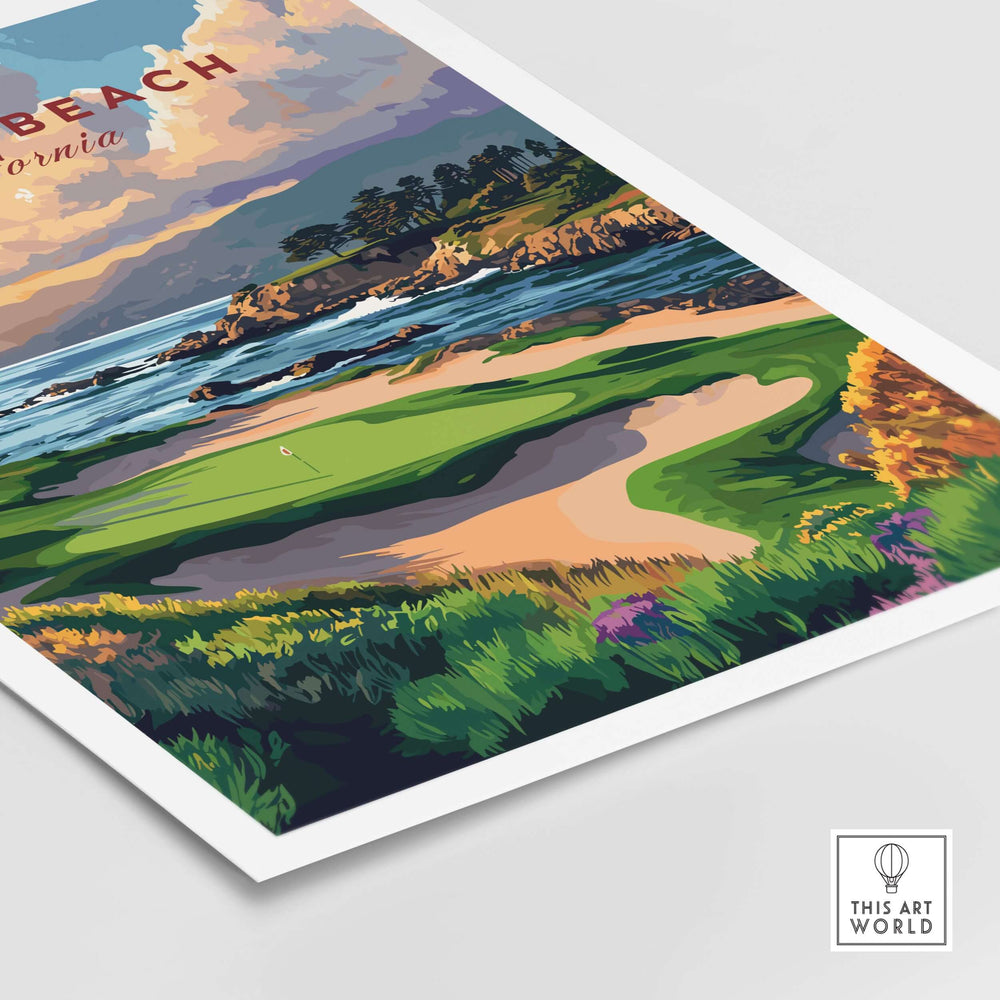 Stunning Pebble Beach Golf Links poster featuring coastal cliffs and vibrant fairways, perfect for golf decor.