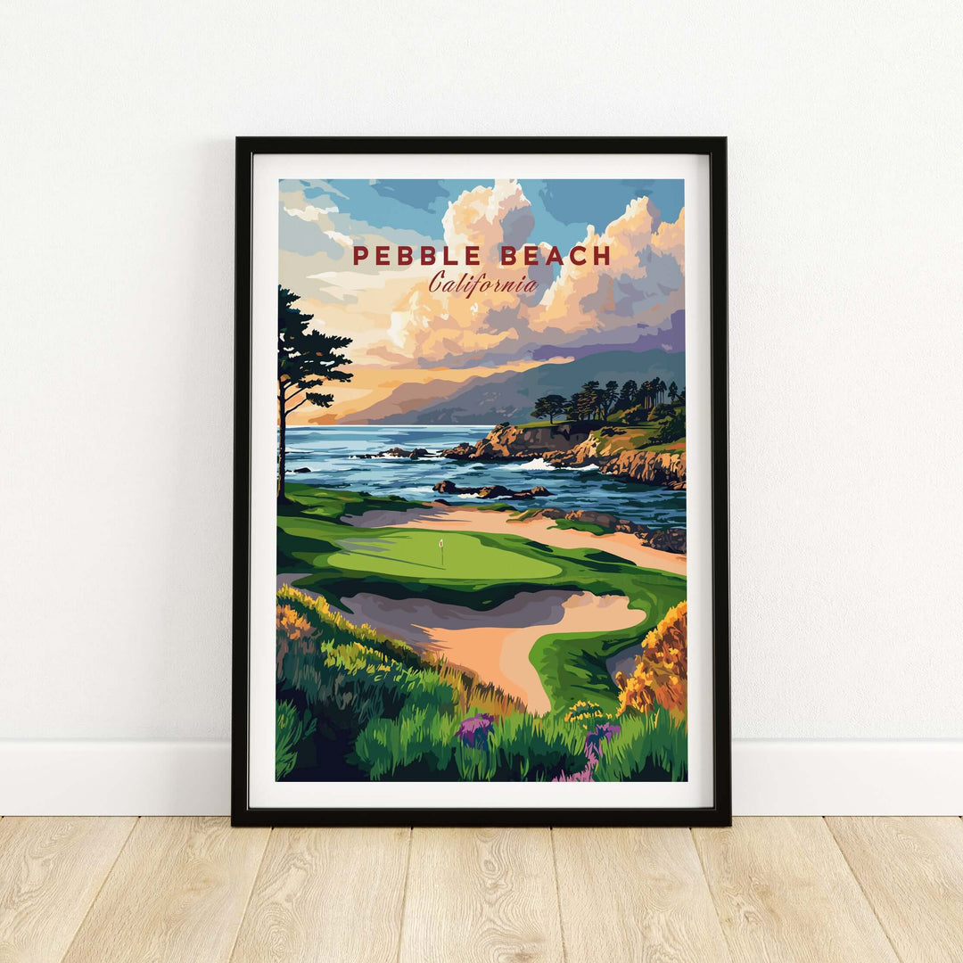 Pebble Beach Golf Links poster showcasing coastal scenery and golf course in California, perfect wall art for golf enthusiasts.
