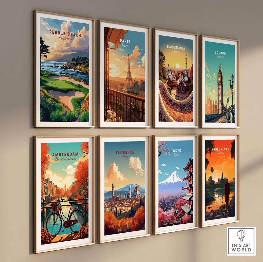 Gallery of travel-themed posters including Pebble Beach, Paris, Barcelona, London, Amsterdam, Florence, Tokyo, and Angkor Wat.