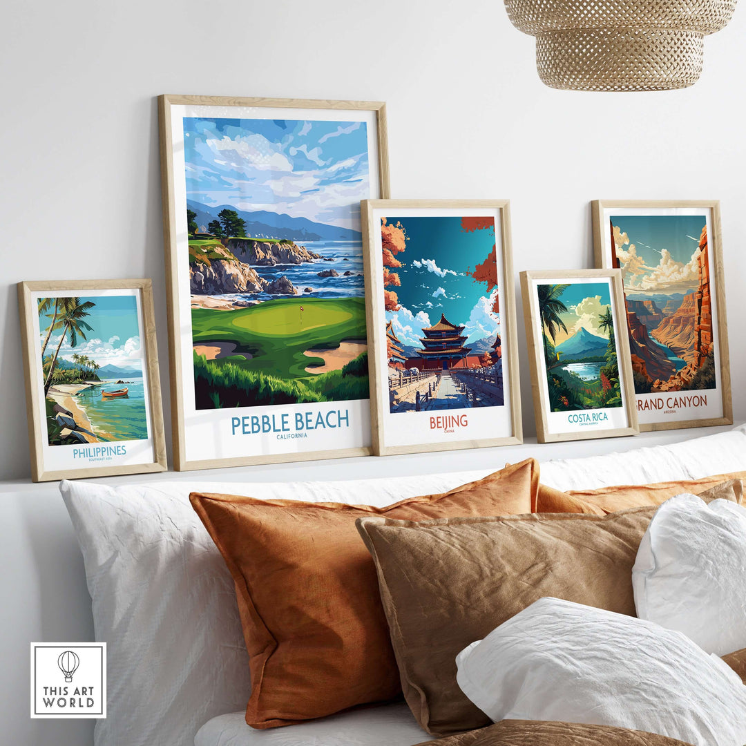Pebble Beach Golf Poster displayed among travel posters on a stylish sofa setting, showcasing coastal golf art.