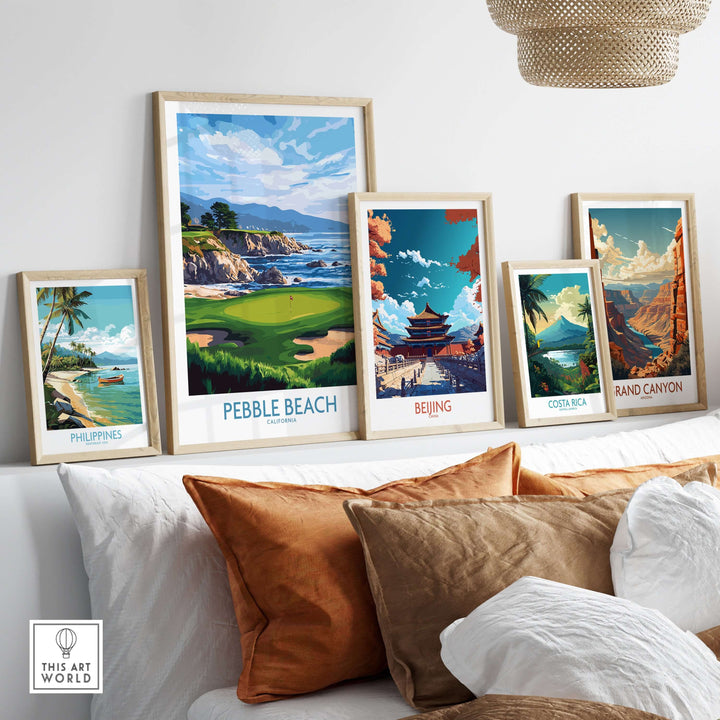 Pebble Beach Golf Poster displayed among travel posters on a stylish sofa setting, showcasing coastal golf art.