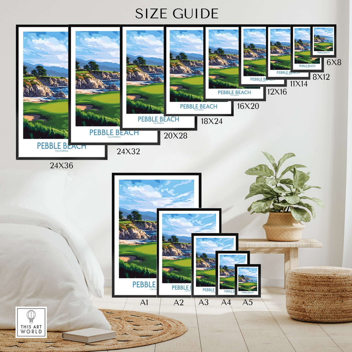 Size guide for Pebble Beach Golf Poster showcasing various frame sizes in a stylish interior setting.