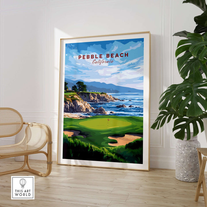 Pebble Beach Golf Print showcasing iconic California coastal golf course in vibrant wall art display.