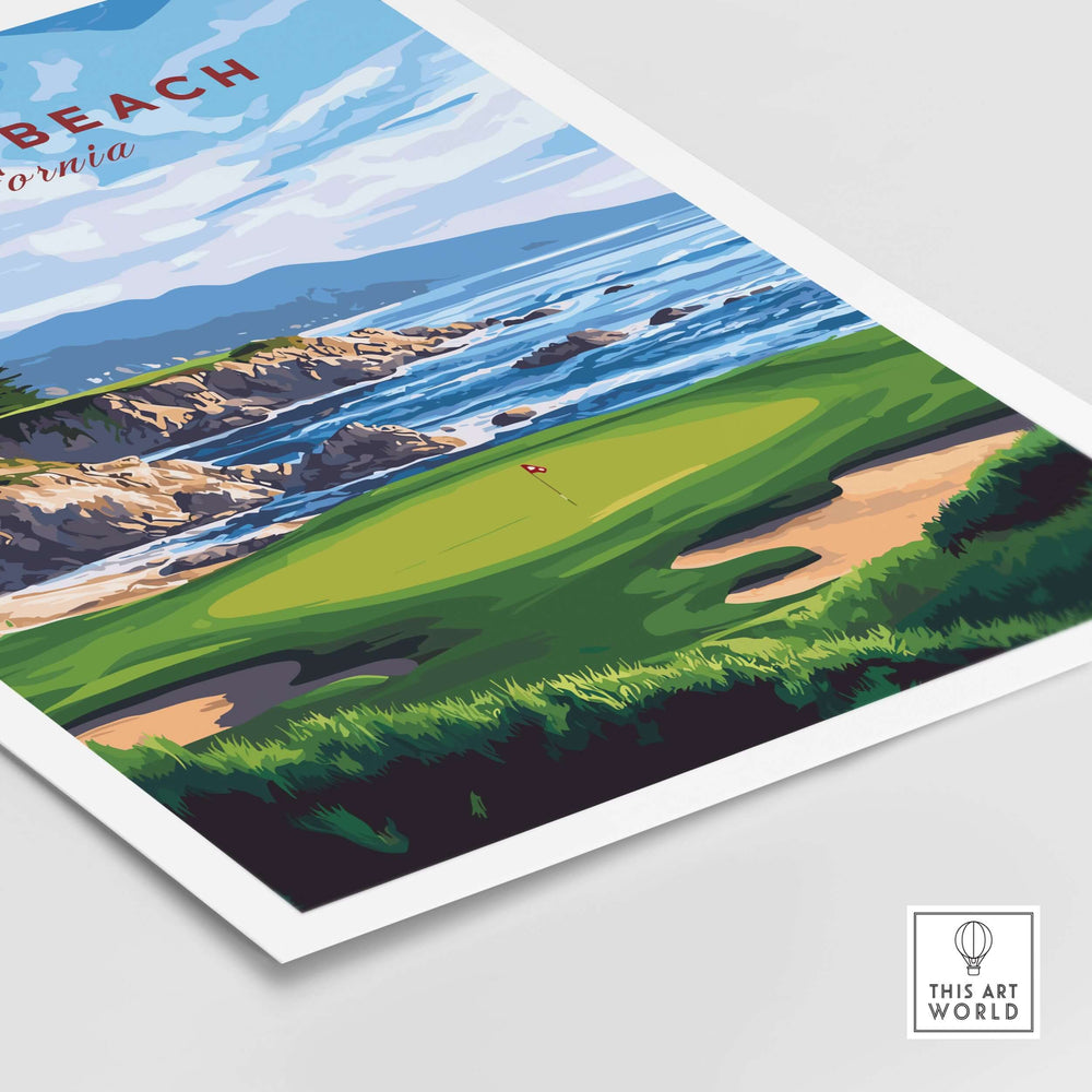 Pebble Beach Golf Print showcasing California's coastline and golf course, perfect for golf enthusiasts and coastal decor.