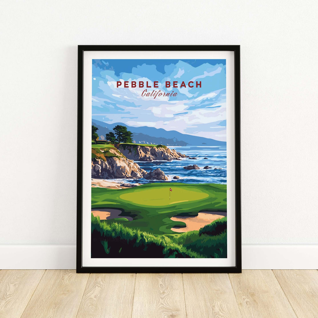 Pebble Beach golf print featuring coastal views and iconic fairways of California, perfect for golf enthusiasts.