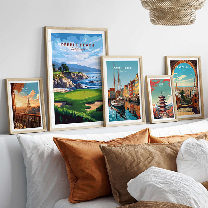 Collection of framed Pebble Beach Golf Print and travel art, showcasing scenic views and coastal décor for home.