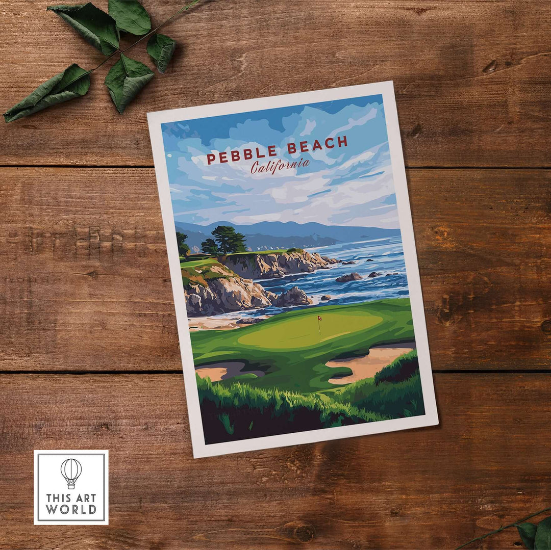 Pebble Beach golf print showcasing California's coastal beauty, featuring green fairways and ocean views.