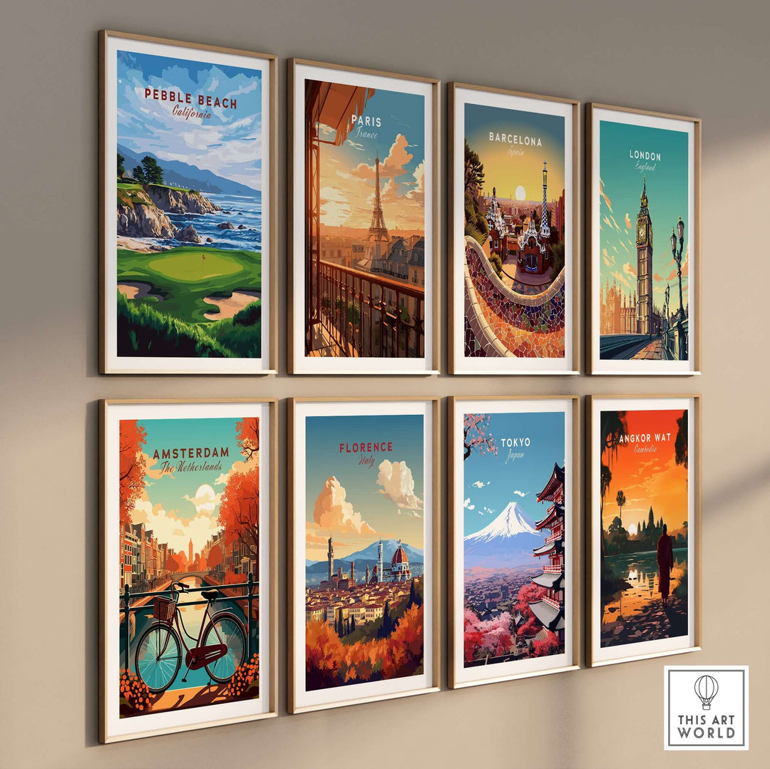 Collection of travel-themed wall art prints featuring Pebble Beach, Paris, Barcelona, London, Amsterdam, Florence, Tokyo.