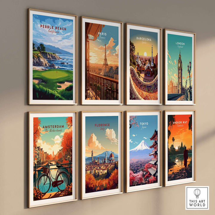 Collection of travel-themed wall art prints featuring Pebble Beach, Paris, Barcelona, London, Amsterdam, Florence, Tokyo.