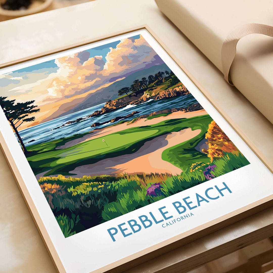 Pebble Beach print showcasing a scenic California golf course with cliffs, ocean, and vibrant skies.