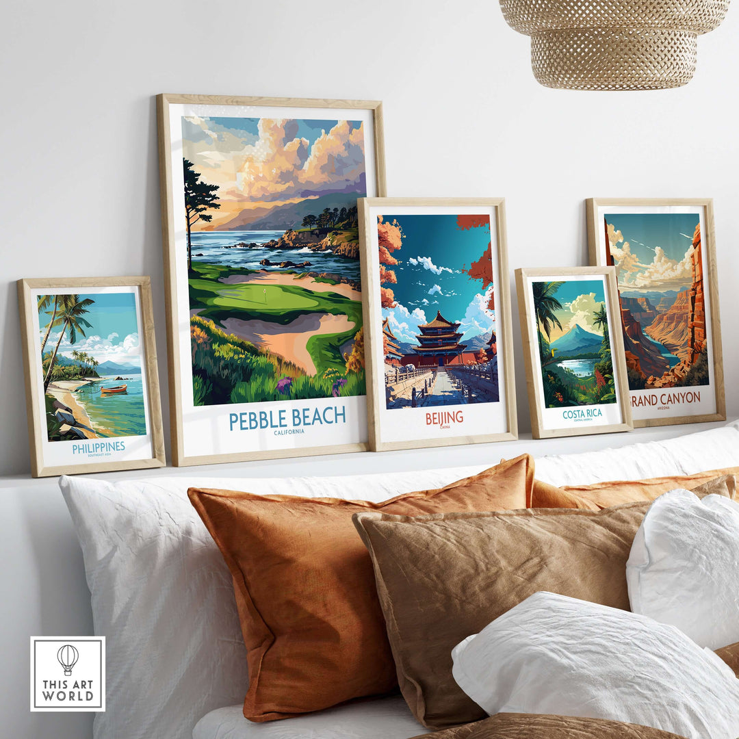 Stylish framed travel posters including Pebble Beach and famous destinations like Beijing and the Grand Canyon.