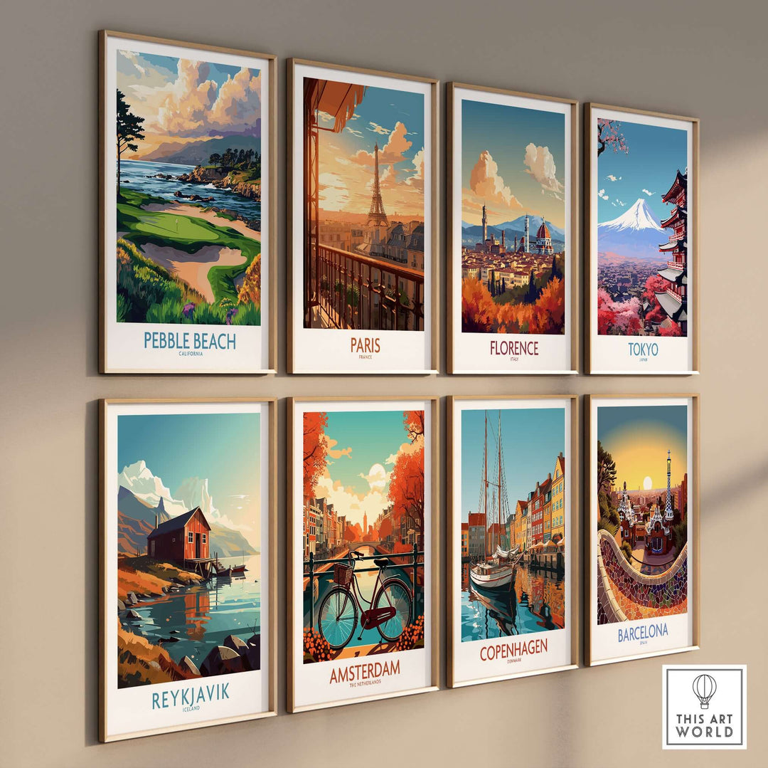 Gallery of iconic travel posters featuring Pebble Beach, Paris, Florence, Tokyo, Reykjavik, Amsterdam, Copenhagen, and Barcelona.