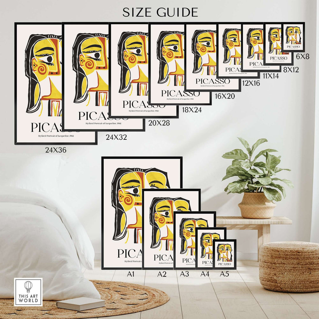 Size guide showing various dimensions of Picasso stylized portrait art prints in a modern interior setting.