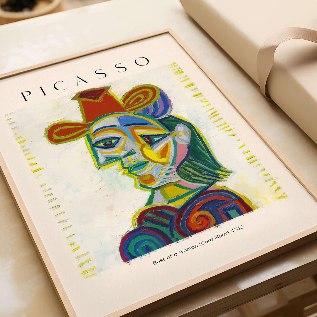 Colorful Picasso 1938 art print 'Bust of a Woman (Dora Maar)' featuring Cubist design with vibrant patterns.