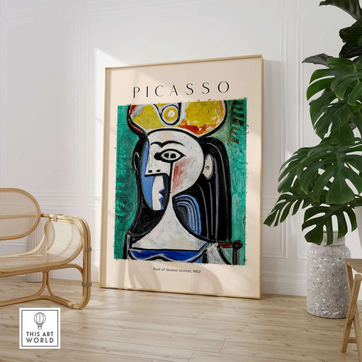 Picasso Bust of Seated Woman 1962 art print poster in modern interior with green background and blue face.