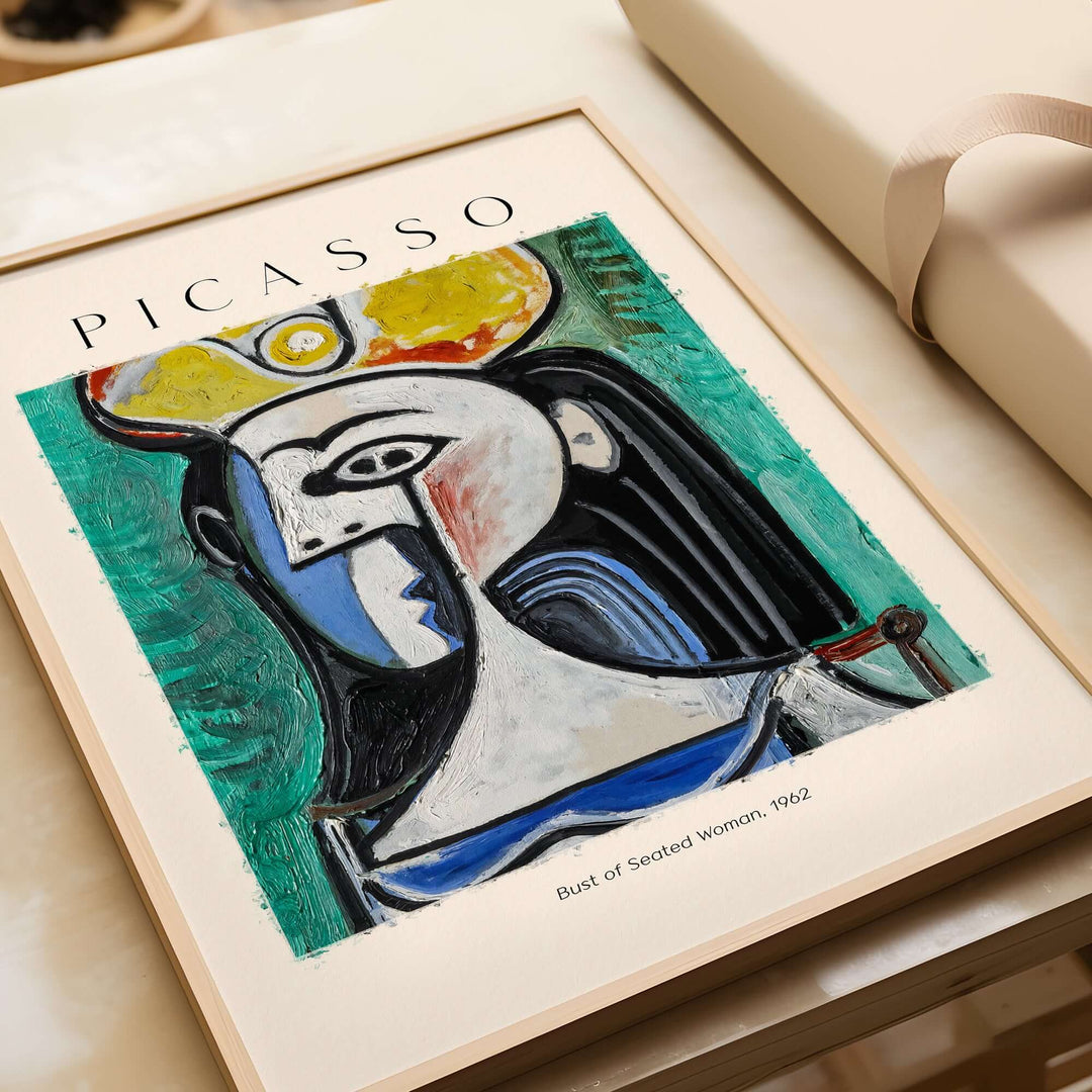 Picasso Bust of Seated Woman 1962 art print featuring bold colors and Cubist style against a green background.