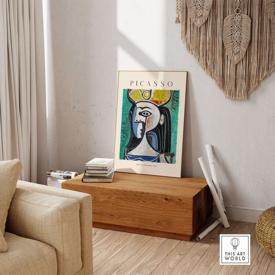 Colorful Picasso Bust of Seated Woman 1962 art print displayed in a modern living room setting.