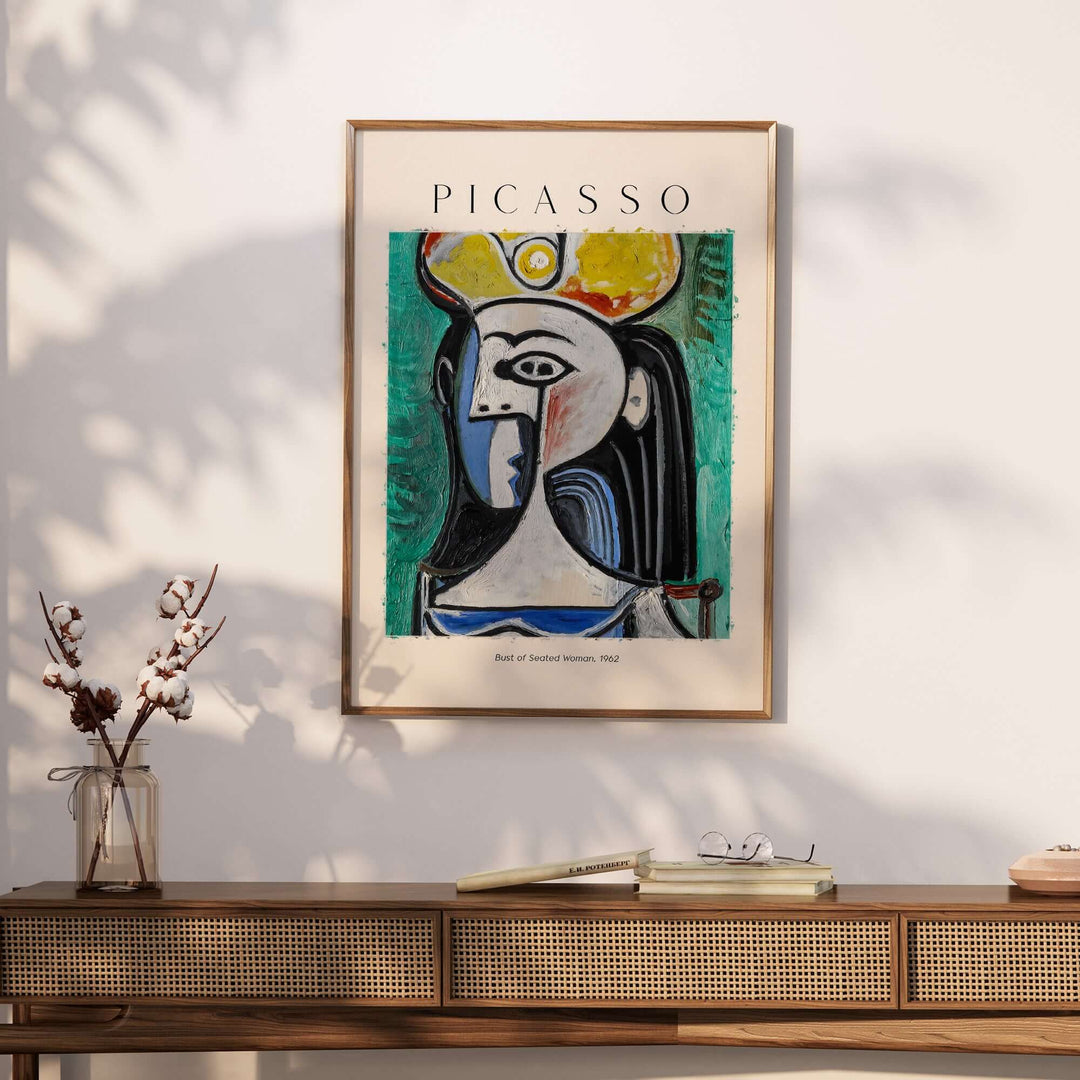 Picasso Bust of Seated Woman 1962 art print on wall, colorful abstract portrait poster in a modern decor setting.