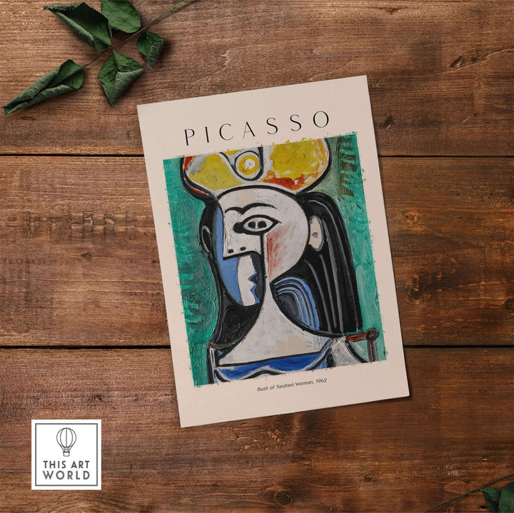Picasso Bust of Seated Woman 1962 art print poster with abstract cubist features and vibrant colors