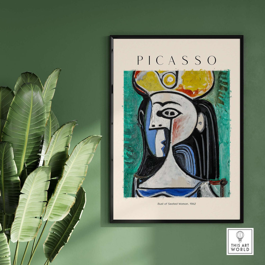 Picasso Bust of Seated Woman 1962 art print poster, colorful abstract portrait on green wall.