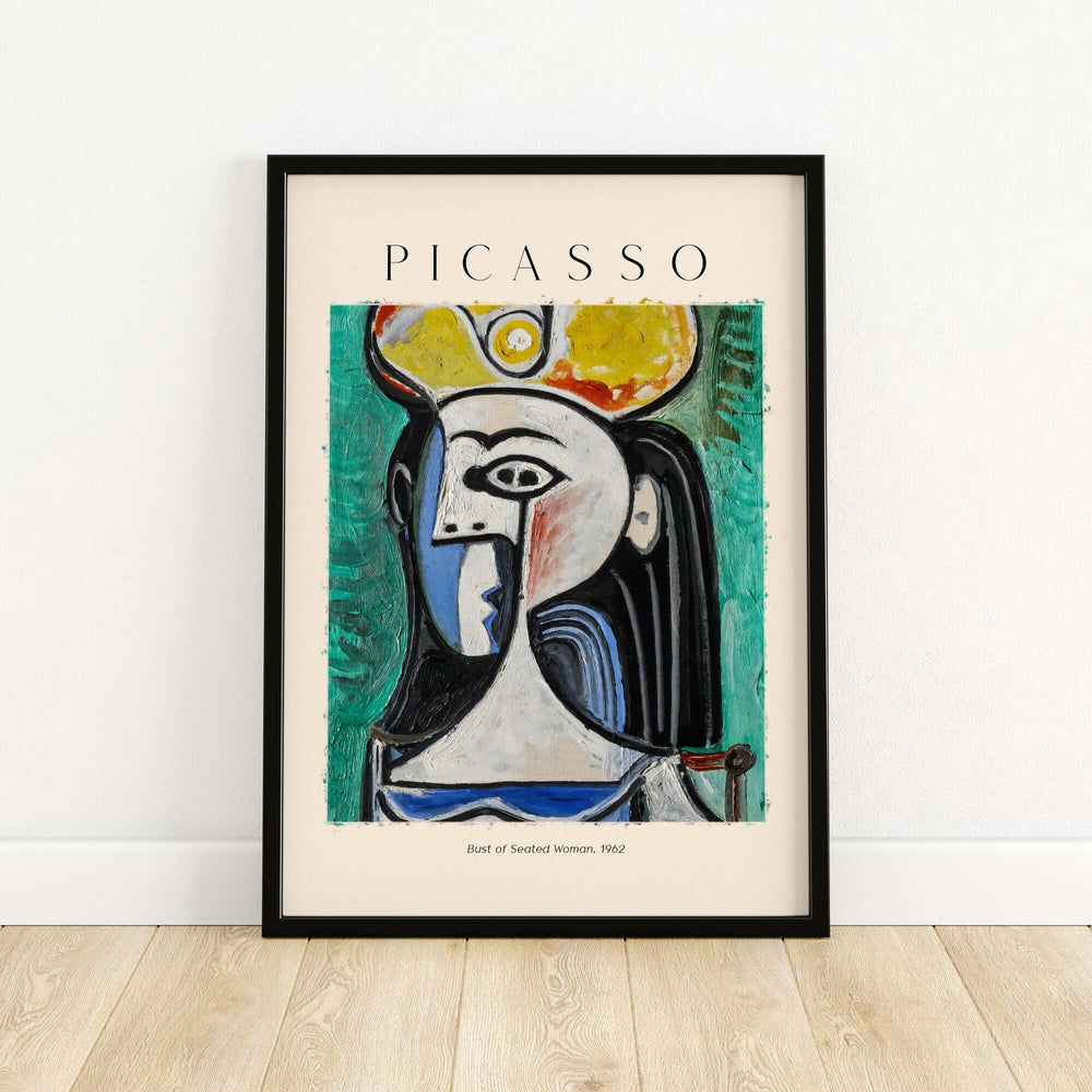 Colorful Picasso abstract portrait poster 'Bust of Seated Woman' 1962, framed art print for modern wall decor.