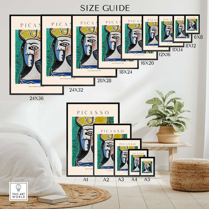 Size guide for Picasso Bust Seated Woman art prints in various frame sizes against an indoor setting with plants.