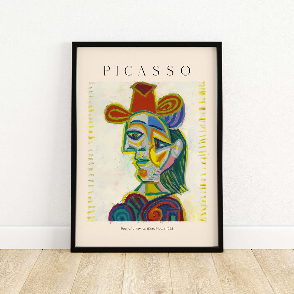 Colorful Cubist art print of Picasso's Bust of a Woman (Dora Maar) 1938 with vibrant patterns and expressive colors.