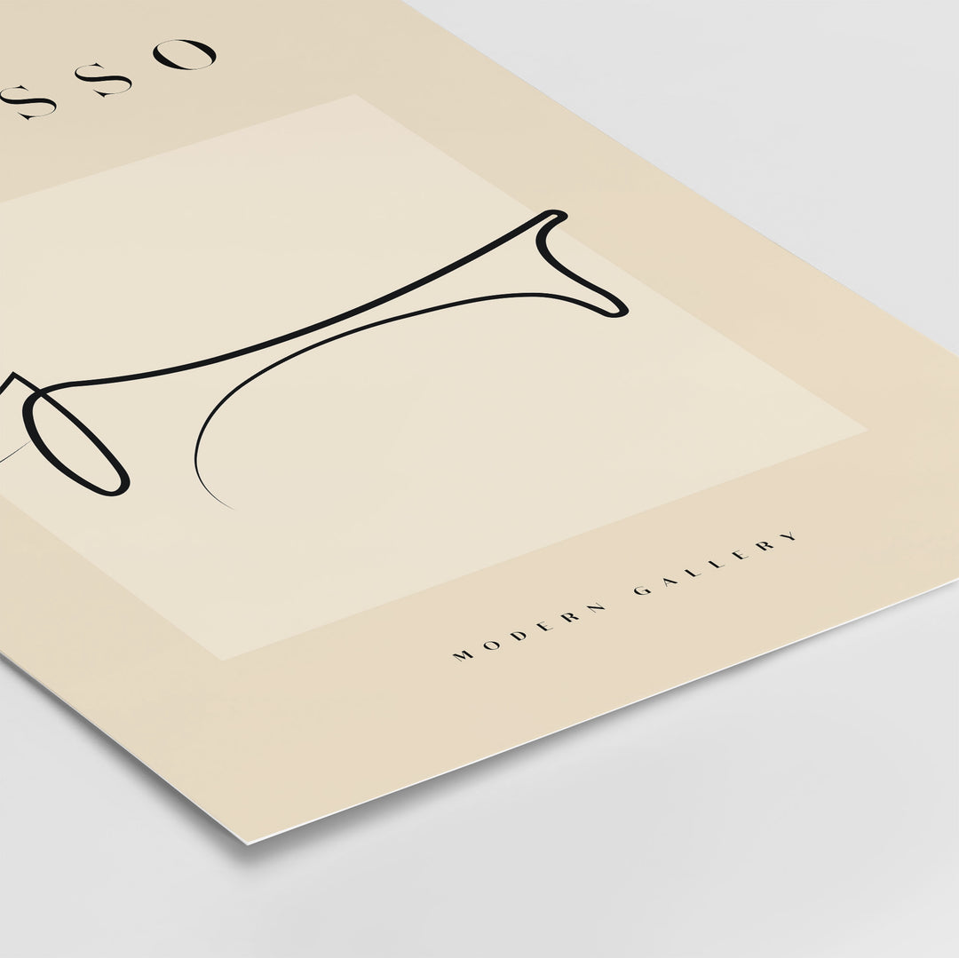 Minimalist Picasso Dachshund line art poster, modern gallery print with black line on beige background.