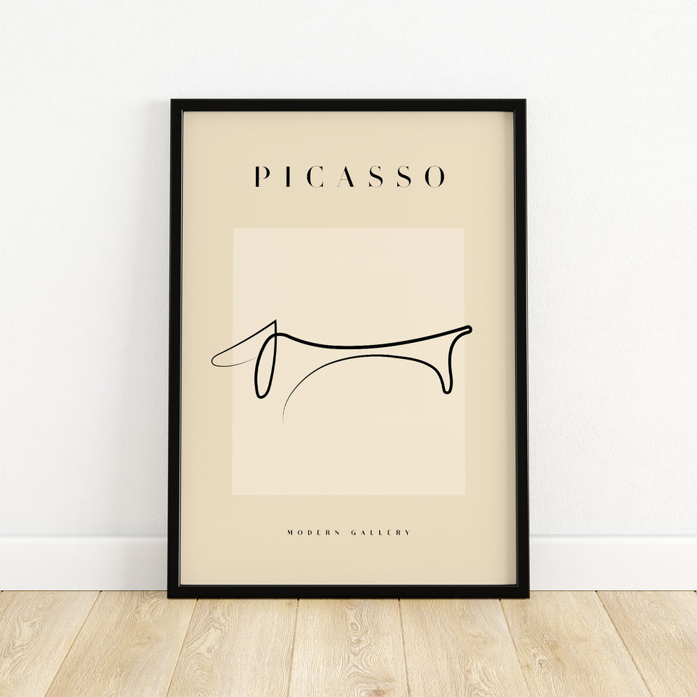 Minimalist Picasso Dachshund line art poster in black and beige for modern home decor.
