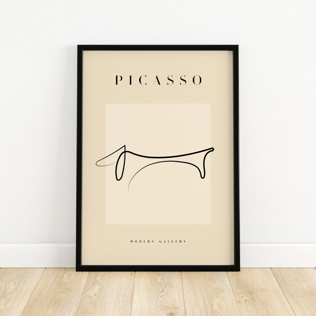 Minimalist Picasso Dachshund line art poster in black and beige for modern home decor.
