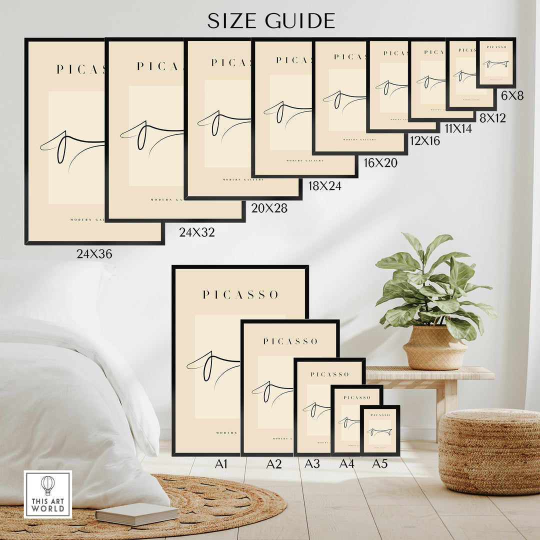 Size guide for Picasso Dachshund minimalist poster showcasing various frame sizes and styles.