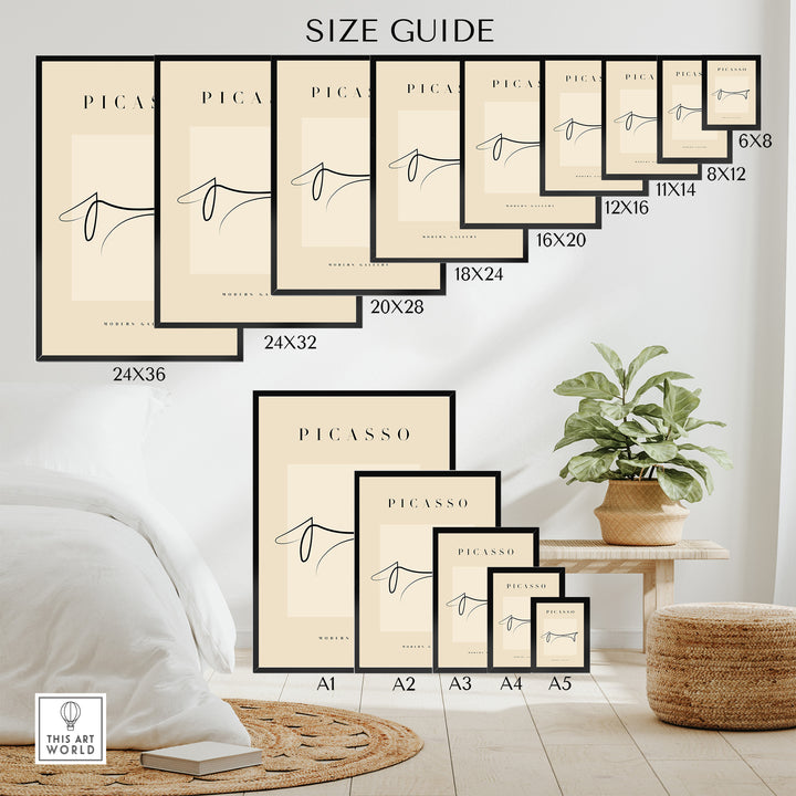 Size guide for Picasso Dachshund minimalist poster showcasing various frame sizes and styles.